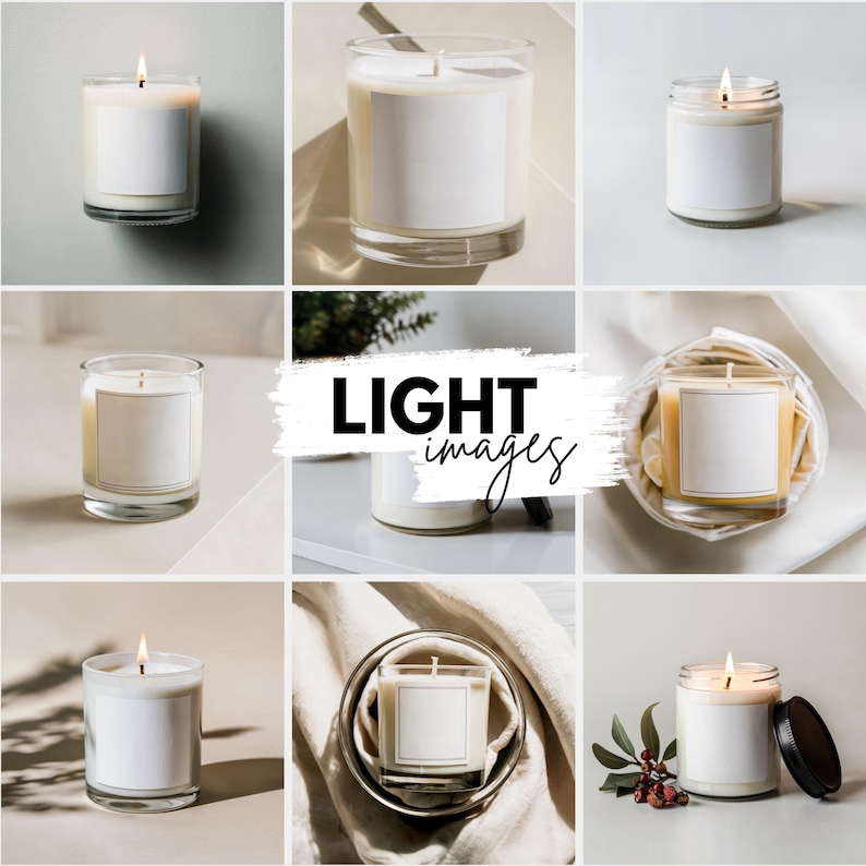 K&ouml;nnte beinhalten: Eine Collage aus neun Bildern mit Kerzen mit leeren Etiketten. Die Kerzen sind in verschiedenen Gr&ouml;&szlig;en und Formen und einige sind angez&uuml;ndet. Der Text "LIGHT images" ist in Wei&szlig; auf schwarzem Hintergrund in der Mitte der Collage geschrieben.