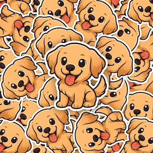 Puede incluir: Un patrón colorido de perros golden retriever de dibujos animados con expresiones felices. Los perros están todos mirando hacia adelante con la lengua fuera. El fondo es un patrón blanco y amarillo.