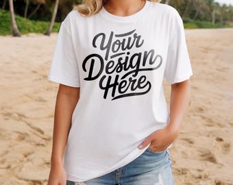 Weißes Comfort Colors 1717 Mockup, Sommer Strand Mockup, Weißes Comfort Colors 1717 Modell Mockup, Ästhetisches Shirt Mockup, Boho Comfort Colors