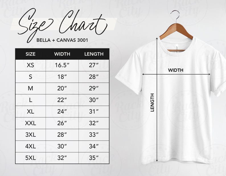 K&ouml;nnte beinhalten: Gr&ouml;&szlig;entabelle f&uuml;r Bella + Canvas 3001 T-Shirts, mit Ma&szlig;en in Zoll f&uuml;r Breite und L&auml;nge f&uuml;r die Gr&ouml;&szlig;en XS bis 5XL.