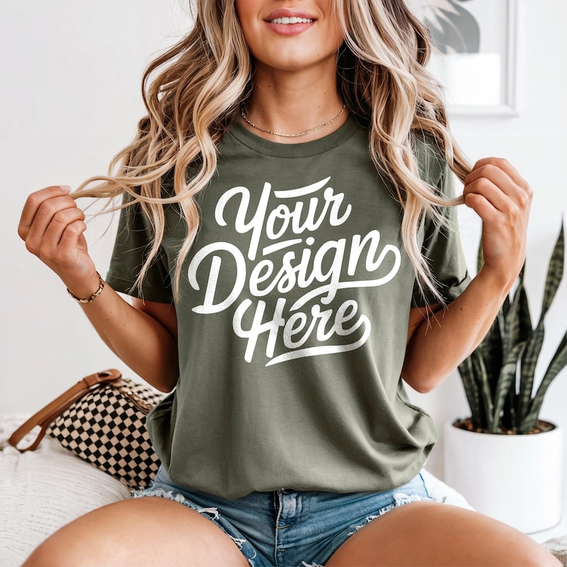 May include: A woman wearing a green t-shirt with the text "Your Design Here" in white lettering. She is wearing denim shorts and has long blonde hair.