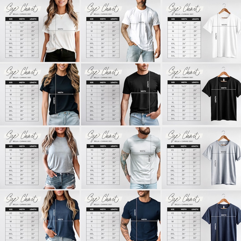 K&ouml;nnte beinhalten: Gr&ouml;&szlig;entabelle f&uuml;r Bella + Canvas T-Shirts, die die Ma&szlig;e von XS bis 5XL in Zoll angibt. Die Tabelle enth&auml;lt die Breiten- und L&auml;ngenma&szlig;e f&uuml;r jede Gr&ouml;&szlig;e.