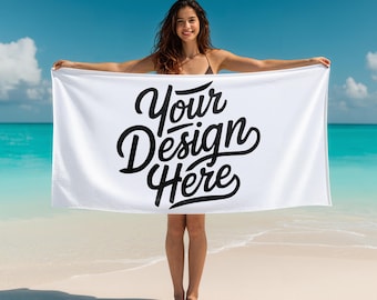 Maqueta de toalla de playa de 76 x 152 cm para Printify, toalla inteligente con función de arrastrar y soltar en Canva PNG o PSD, maqueta de superposición de plantilla de toalla de baño para la mejor modelo femenina