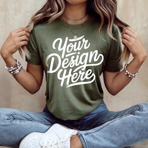 Military Green Bella Canvas 3001 Shirt Mockup, T-shirt Mockup, 3001 Bella Canvas, Green T-Shirt Mockup, Bella Canvas Military Green Mockup