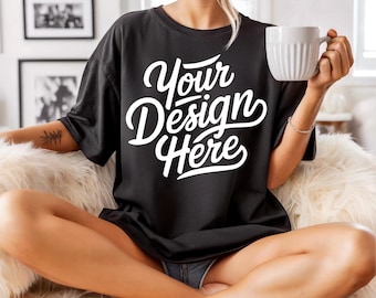 Black Comfort Colors 1717 Oversized Mockup, Black T-shirt Mockup, Black Comfort Colors 1717 Model Mockup, Black Shirt Large Print Mockup POD