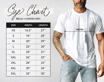 Men's Bella Canvas 3001 Size Chart, T-Shirt Sizing Chart Bella Canvas 3001, Unisex Jersey TShirt Measurement Chart, BC 3001 White Size Chart