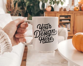 Coffee Mug Mockup, 11 oz. Ceramic Mug Mockup, White Coffee Mug Mockup Photo, Print on Demand Mug Mockup, Boho Mug Mockup, Fall Mug Mockup