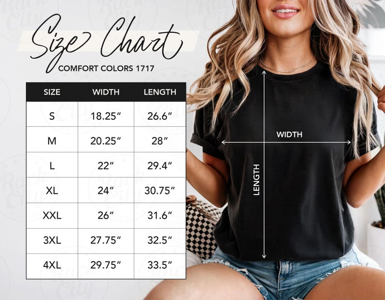 May include: A black t-shirt with a size chart, including measurements in inches, for Comfort Colors 1717. The chart lists sizes S through 4XL, with corresponding width and length measurements. The shirt is being modeled.