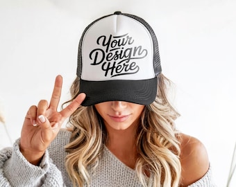 Foam Trucker Cap Mockup, Printify Otto Foam Black Trucker Hat Mockup, Mesh Hat Mockup, Black White Mockup, Peace Sign Custom Hat Mockup