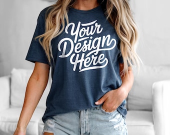 Maqueta de camiseta Bella Canvas 3001 en azul marino jaspeado - Maqueta de camiseta Bella Canvas - Maqueta de camiseta en azul marino jaspeado - La mejor maqueta de camiseta en azul marino jaspeado
