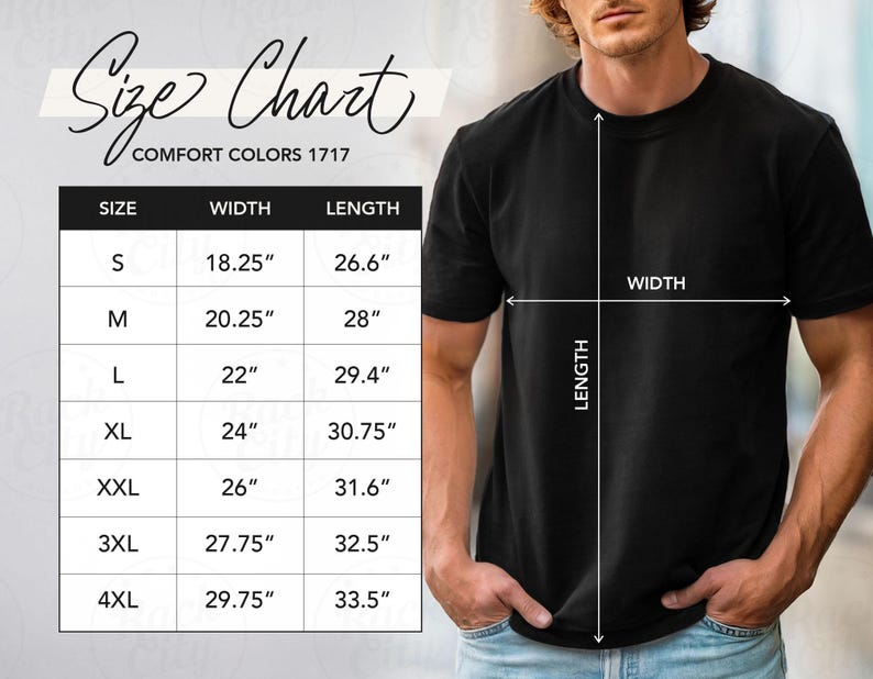 May include: Black t-shirt with a size chart. The chart shows measurements for sizes S to 4XL, with widths ranging from 18.25 inches to 29.75 inches and lengths from 26.6 inches to 33.5 inches. The shirt is labeled "Comfort Colors 1717".