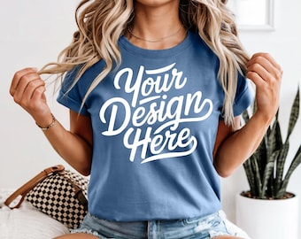 Maqueta de Blue Jean Comfort Colors 1717, maqueta de camiseta Blue Jean, maqueta de modelo POD Comfort Colors 1717, maqueta de camiseta Blue Jean Comfort Colors