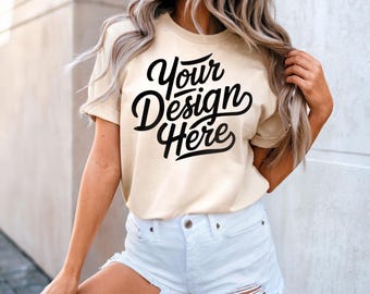 Natural Bella Canvas 3001 Mockup, T-shirt Mockup, 3001 Bella Canvas, Outdoor Model Mockup, Shirt Mockup, Natural Bella Canvas T-Shirt Mockup