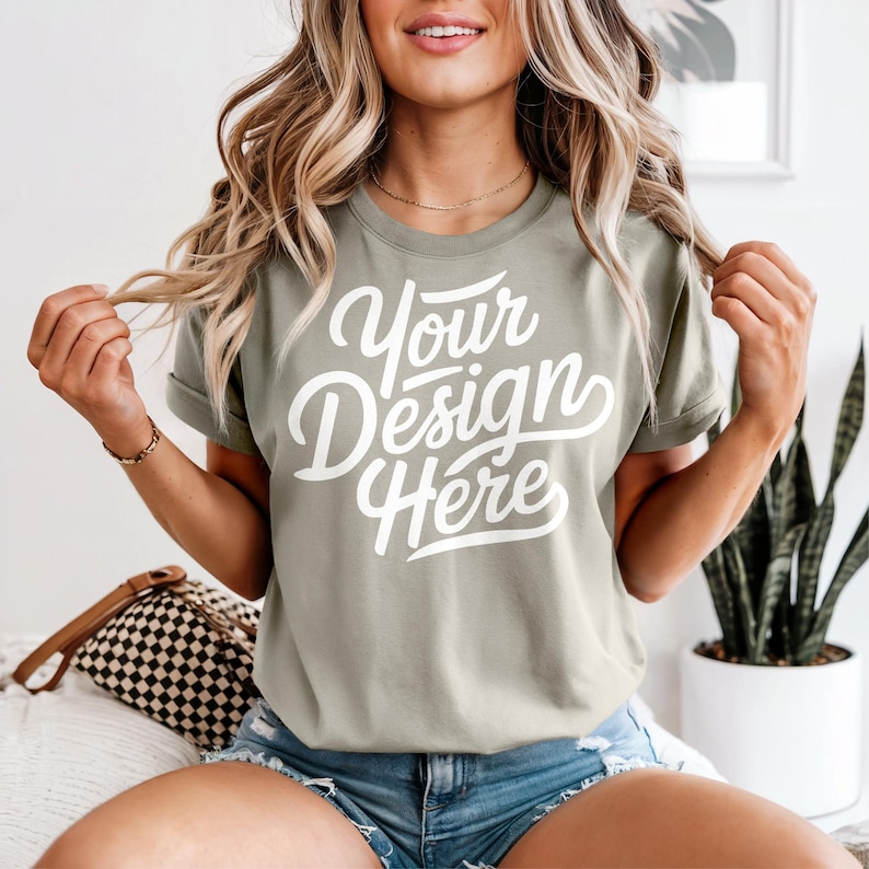 May include: Sage green t-shirt with rolled sleeves and the text "Your Design Here" in white script. The model is wearing denim shorts and a gold necklace. The shirt is a casual, everyday wear item.