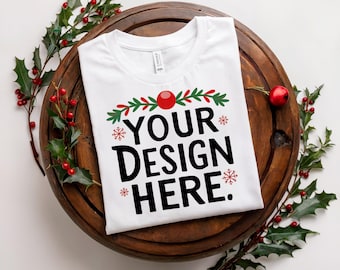 Maqueta de camiseta navideña Bella Canvas 3001, maqueta de camiseta blanca, maqueta de camiseta doblada, maqueta de camiseta navideña, plantilla de camiseta navideña