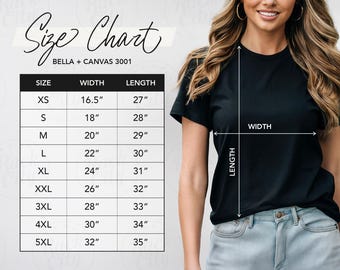 Tabla de tallas Bella Canvas 3001, Tabla de tallas de camisetas Bella Canvas 3001, Tabla de medidas de camisetas de jersey unisex, Mejor tabla de tallas BC 3001 negra