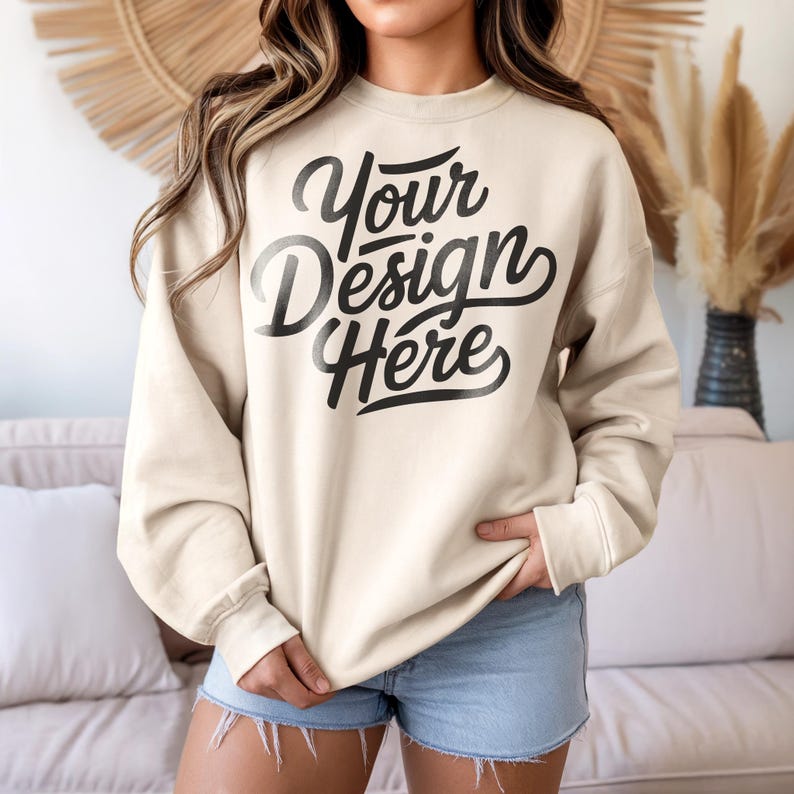 Sand Gildan 18000 Sweatshirt Mockup, Gildan Sand Sweatshirt Mockup, Sweatshirt Model Mockup, Boho Gildan Sand 18000 Aesthetic Sweatshirt