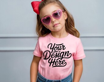 Maqueta de camiseta infantil Bella Canvas 3001T rosa, maqueta de camiseta para niña, plantilla de camiseta infantil, maqueta de camiseta, maqueta de camiseta Bella Canvas
