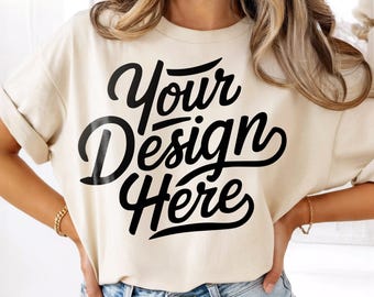 Ivory Comfort Colors 1717 Mockup, Oversized Ivory T-shirt Mockup, Trendy Comfort Colors 1717 Model Mockup, Aesthetic Boho T-Shirt Mockup