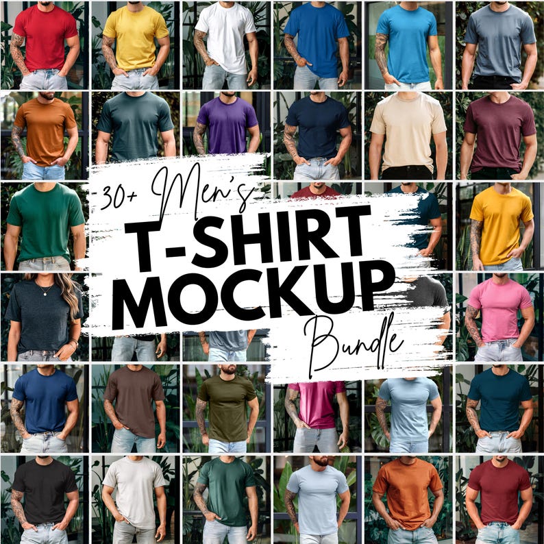 K&ouml;nnte beinhalten: Ein Mockup-Paket mit &uuml;ber 30 T-Shirts in verschiedenen Farben und Stilen. Der Text "30+ Men's T-Shirt Mockup Bundle" ist auf dem Bild zu sehen.
