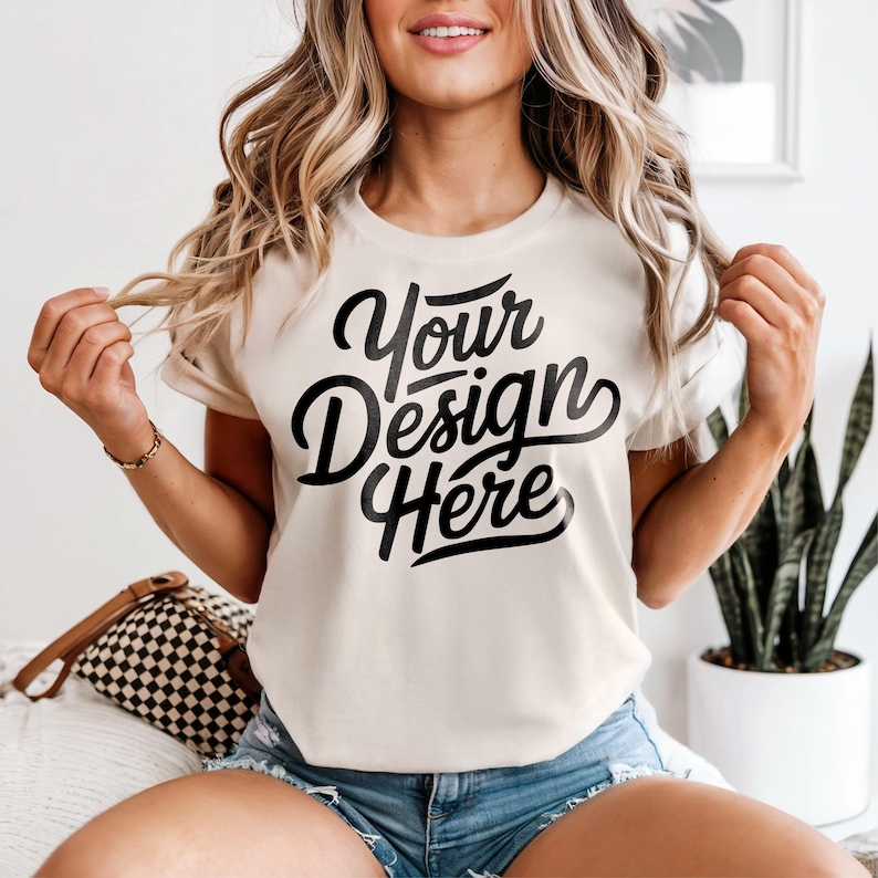 May include: Cream-colored t-shirt with the text "Your Design Here" in a bold, black script. The shirt has short sleeves and is paired with denim shorts. The model is holding the shirt and smiling.