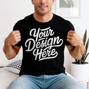 Herren Schwarz Komfortfarben 1717 Mockup, Schwarz T-Shirt Mockup, Schwarz Komfortfarben Kerl Modell Mockup, Schwarz Männerhemd Mockup Komfortfarben