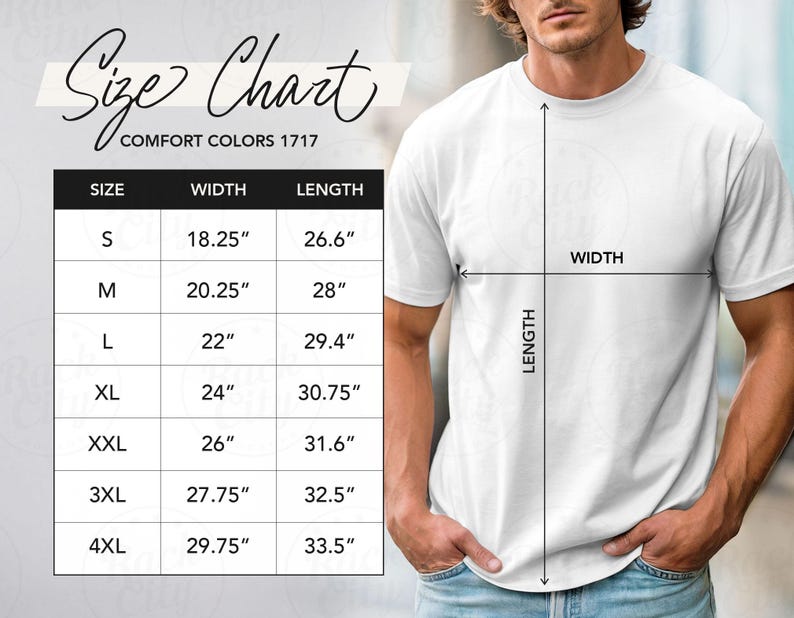 May include: White t-shirt with a size chart for Comfort Colors 1717. The chart displays sizes S to 4XL, with width and length measurements in inches. A person is wearing the t-shirt, with arrows indicating width and length.