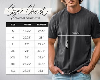 Comfort Colors 1717 Size Chart, T-Shirt Sizing Chart Comfort Colors, Unisex Jersey T-Shirt Measurement Chart, Men's Pepper Shirt Size Chart