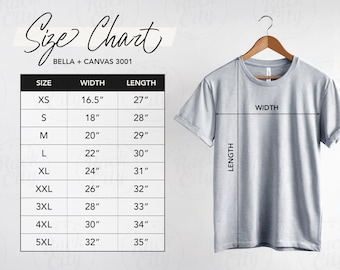 Bella Canvas 3001 Size Chart, T-Shirt Sizing Chart Bella Canvas 3001, Unisex Jersey TShirt Measurement Chart, BC 3001 Size Chart, Size Chart