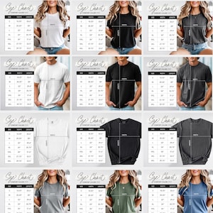 May include: A collection of t-shirts in various colors, modeled by people. Each shirt has a size chart printed on the front. The size chart includes measurements in inches for width and length.