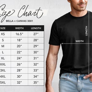 K&ouml;nnte beinhalten: Gr&ouml;&szlig;entabelle f&uuml;r Bella + Canvas 3001 T-Shirts, mit Ma&szlig;en in Zoll f&uuml;r Breite und L&auml;nge f&uuml;r die Gr&ouml;&szlig;en XS bis 5XL.