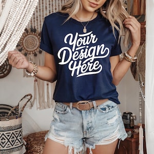 Navy Blue Bella Canvas 3001 Mockup, BC 3001 T-shirt Mockup, 3001 Navy Blue Shirt Model Mockup, Navy Blue Tee Mockup, Boho Navy shirt Mockup