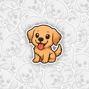 Op de afbeelding: Een cartoonillustratie van een golden retriever puppy met een grote glimlach en zijn tong die uitsteekt. De puppy zit op zijn achterpoten met zijn voorpoten omhoog. De achtergrond is een patroon van herhaalde puppygezichten.