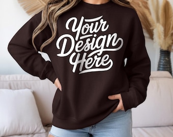 Dark Chocolate 18000 Sweatshirt Mockup, Gildan Dark Chocolate Sweatshirt Mockup, Sweatshirt Model Mockup, Boho Gildan Brown 18000 Sweatshirt