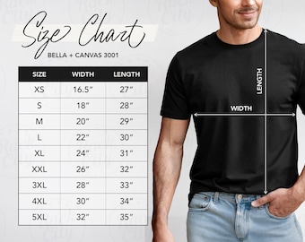 Men's Bella Canvas 3001 Size Chart, T-Shirt Sizing Chart Bella Canvas 3001, Unisex Jersey TShirt Measurement Chart, BC 3001 Black Size Chart