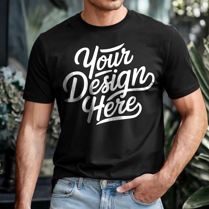 May include: A black t-shirt with the text "Your Design Here" in white lettering.