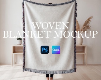 Woven Blanket Photoshop Mockup, Printify Fringed Woven Blanket Template, Smart Object Throw Blanket Mockup, PSD + Canva Blanket Mockup