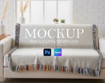 Gewebte Decke Photoshop Mockup, Printify Fransen gewebte Decke Vorlage, Smart Objekt Decke Sofa Mockup, PSD + Canva Decke Sofa