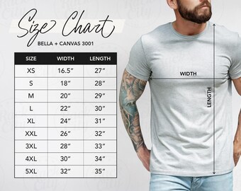 Men's Bella Canvas 3001 Size Chart, T-Shirt Sizing Chart Bella Canvas 3001, Unisex Jersey TShirt Measurement Chart, BC 3001 Gray Size Chart