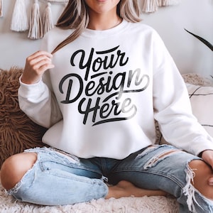 Gildan 18000 White Sweatshirt Mockup, Gildan White Sweatshirt Mockup, Sweatshirt Model Mockup, Gildan White 18000 Sweatshirt Clean Mockup