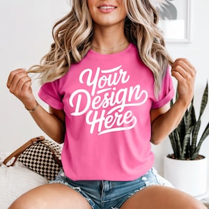 Neon Pink Comfort Colors 1717 Mockup, Neon Pink T-shirt Mockup, Neon Pink Comfort Colors 1717 Model Mockup, Pink Comfort Colors Shirt Mockup