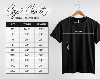 Tabla de tallas de Bella Canvas 3001, tabla de tallas de camiseta negra. Bella Canvas 3001, tabla de medidas de camiseta unisex de jersey, tabla de tallas BC 3001 negra.