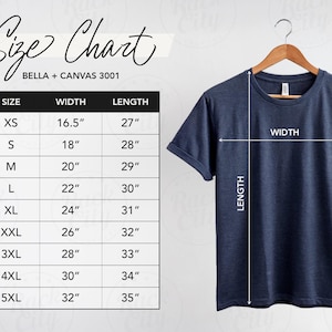 Bella Canvas 3001 Size Chart, T-Shirt Sizing Chart Bella Canvas 3001, Unisex Jersey TShirt Measurement Chart, BC 3001 Size Chart, Size Chart