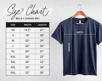 Bella Canvas 3001 Size Chart, T-Shirt Sizing Chart Bella Canvas 3001, Unisex Jersey TShirt Measurement Chart, BC 3001 Size Chart, Size Chart