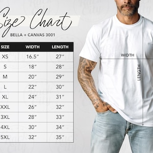 K&ouml;nnte beinhalten: Gr&ouml;&szlig;entabelle f&uuml;r Bella + Canvas 3001 T-Shirts, mit Ma&szlig;en in Zoll f&uuml;r Breite und L&auml;nge f&uuml;r die Gr&ouml;&szlig;en XS bis 5XL.