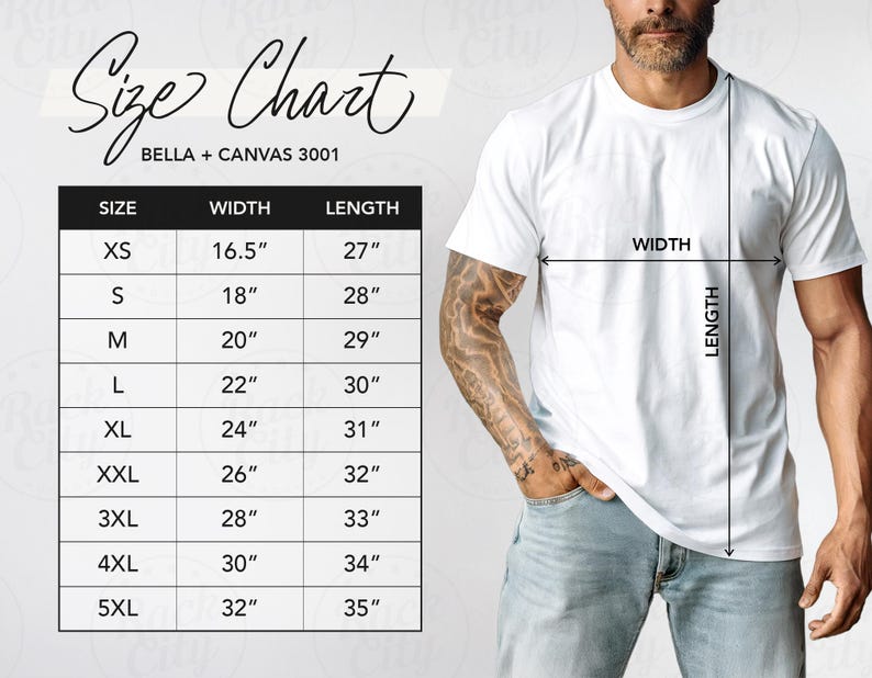 K&ouml;nnte beinhalten: Gr&ouml;&szlig;entabelle f&uuml;r Bella + Canvas 3001 T-Shirts, mit Ma&szlig;en in Zoll f&uuml;r Breite und L&auml;nge f&uuml;r die Gr&ouml;&szlig;en XS bis 5XL.