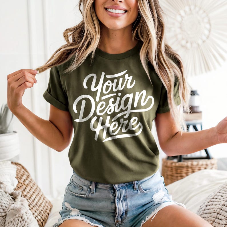 May include: Olive green t-shirt with the text "Your Design Here" in white script. The t-shirt has rolled-up sleeves and is paired with denim shorts. The model is smiling and holding a strand of hair.