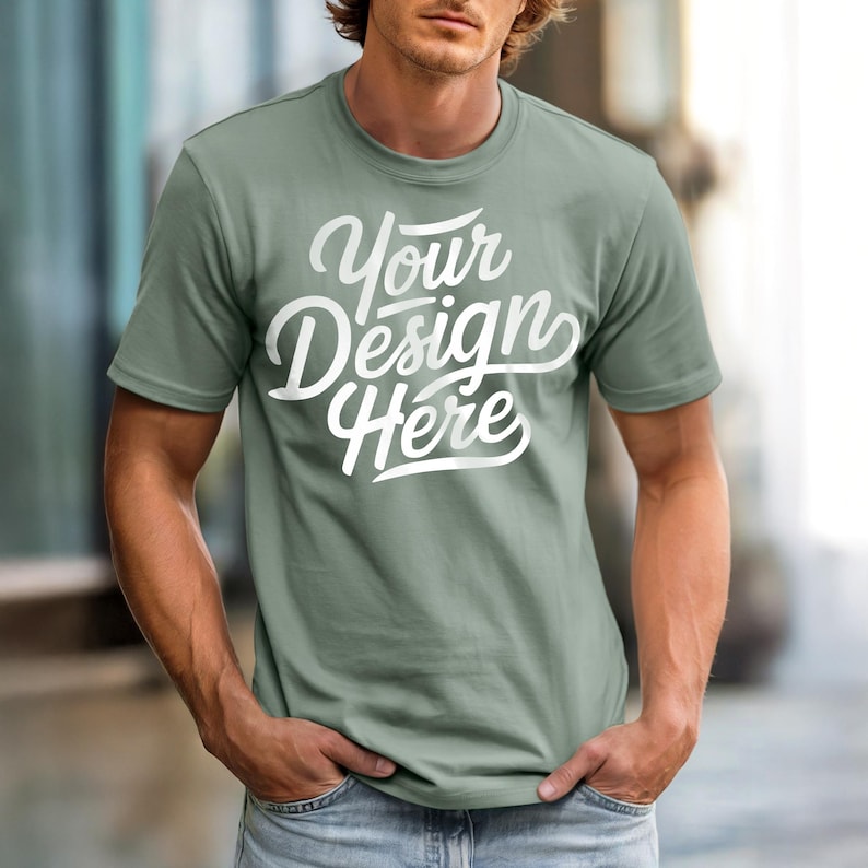 May include: Sage green t-shirt with the text "Your Design Here" in white script. The short-sleeved shirt is made of a soft material and is a blank canvas for custom designs. The model is wearing blue jeans.