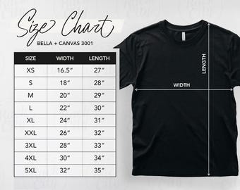 Tabla de tallas de Bella Canvas 3001, tabla de tallas de camisetas Bella Canvas 3001, tabla de medidas de camisetas de jersey unisex, tabla de tallas Flatlay 3001 negra