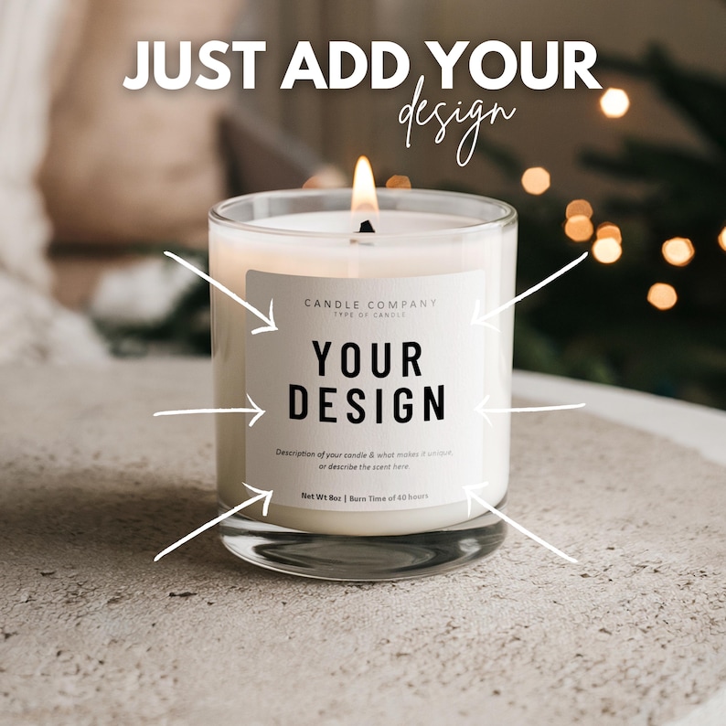 K&ouml;nnte beinhalten: Ein wei&szlig;es Kerzengef&auml;&szlig; mit einem schwarzen Etikett, auf dem steht "CANDLE COMPANY TYPE OF CANDLE YOUR DESIGN Description of your candle & what makes it unique or describe the scent here Net Wt 8oz | Burn Time of 40 hours".